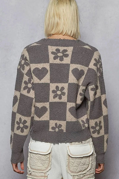 Pol V Neck Heart Pattern Checkered Sweater Oversized
