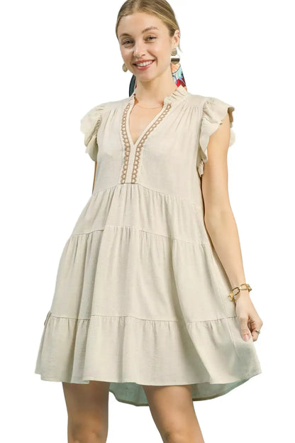 Umgee Linen Tiered Baby Doll Dress OATMEAL