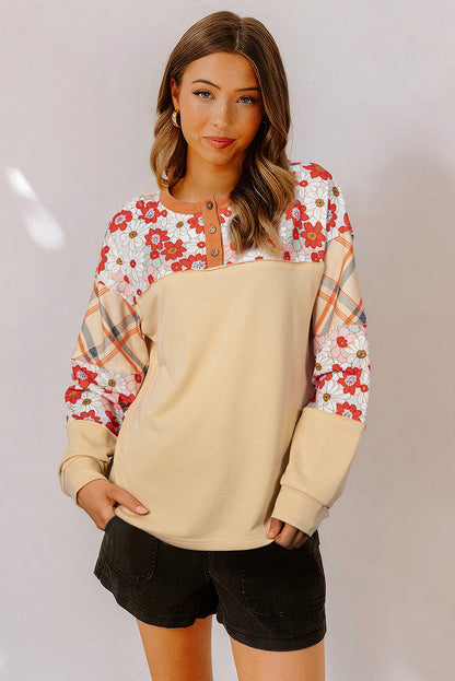 Parchment Floral Plaid Patchwork Henley Top