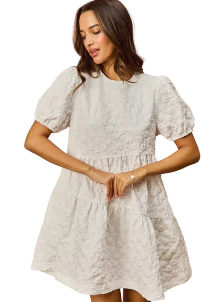 SO ME Floral Jacquard Diagnol Tiered Short Mini Dress WHITE