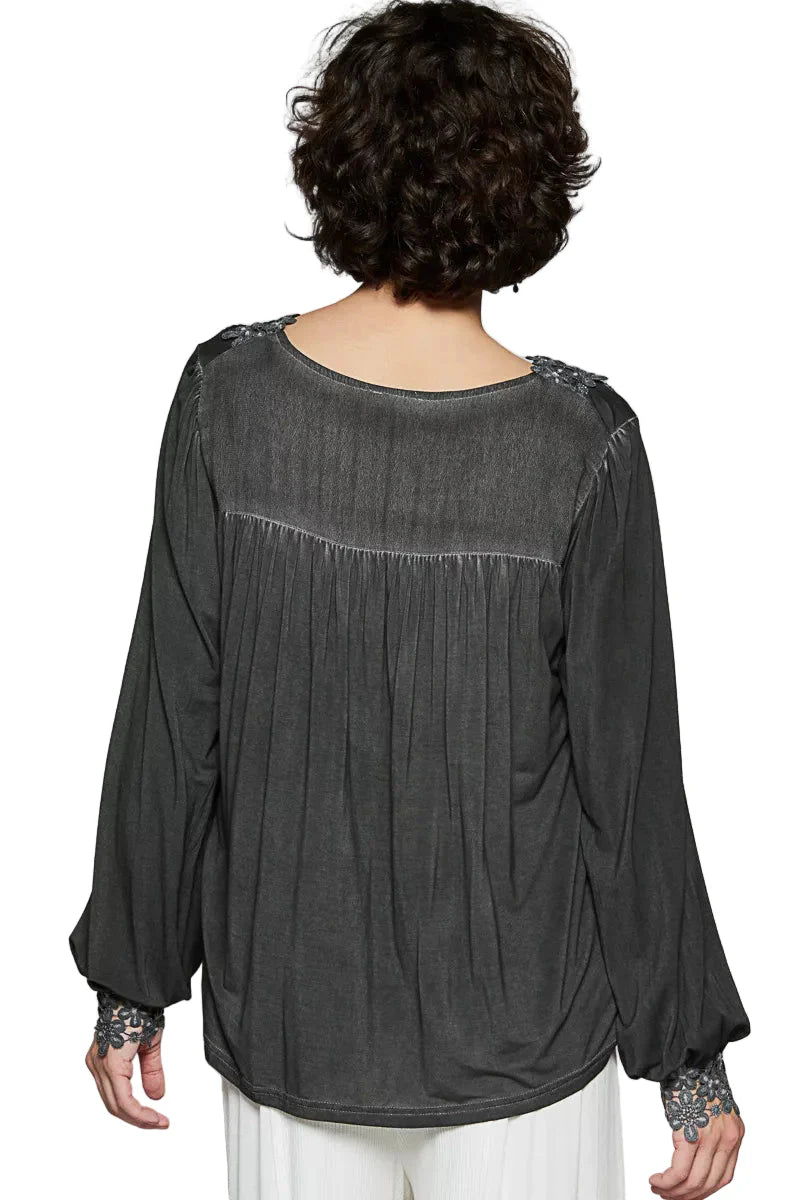 POL Floral Embroidery Woven Top with Lace Trim