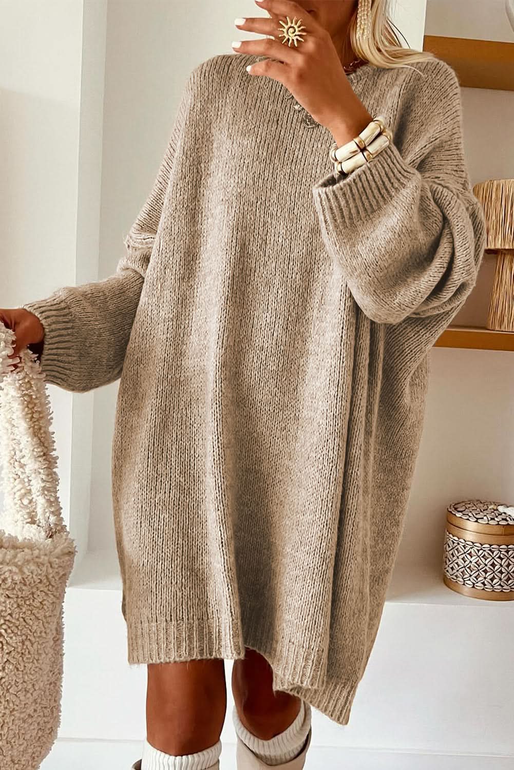 Pale Khaki Exposed Seam Drop Shoulder Oversize Mini Sweater Dress