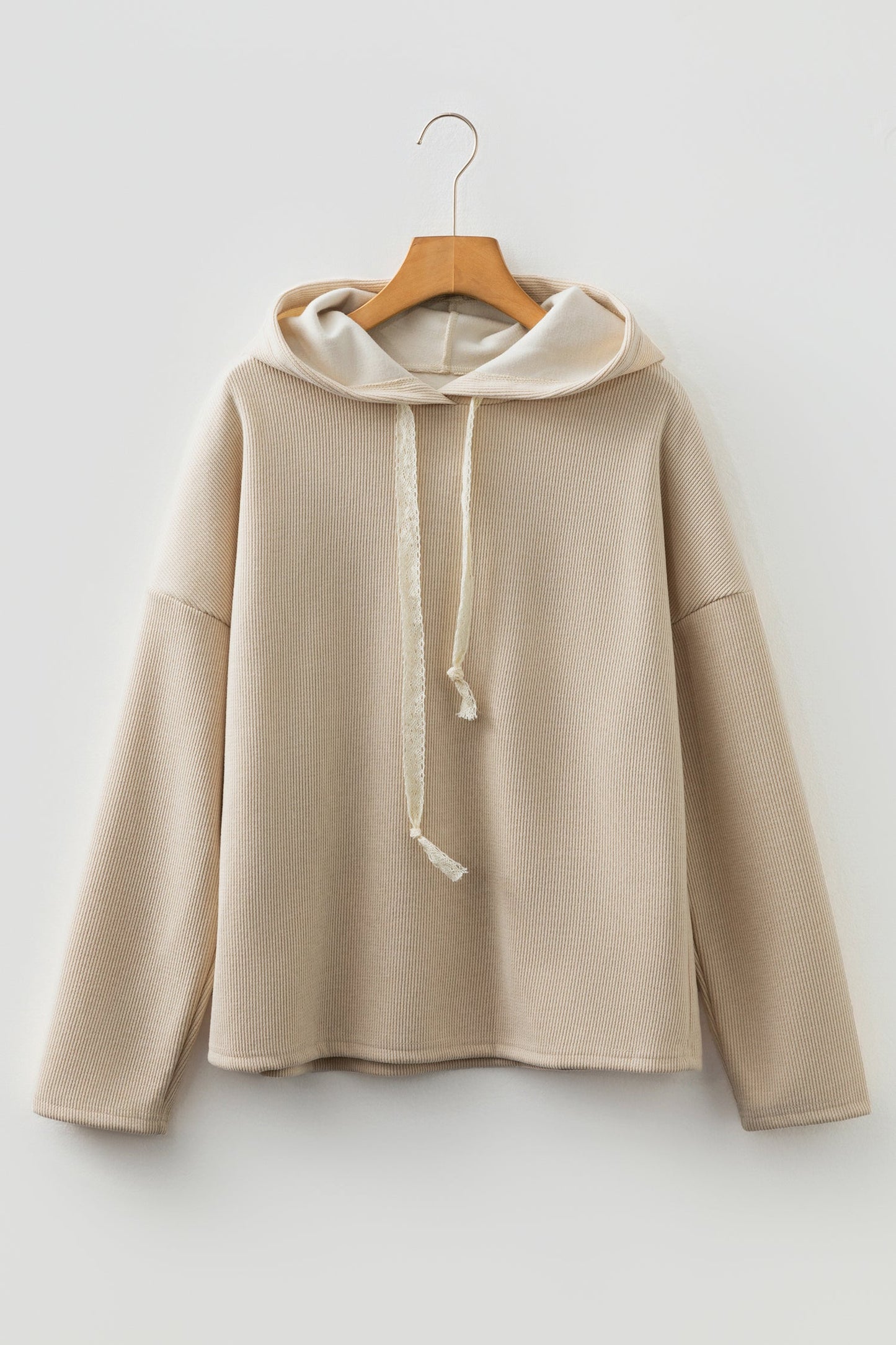Ribbed Knit Leopard & Lace Drawstring Hoodie Jet Stream