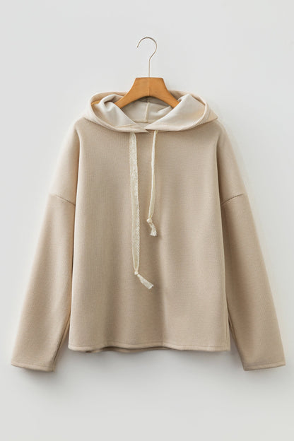 Ribbed Knit Leopard & Lace Drawstring Hoodie Jet Stream