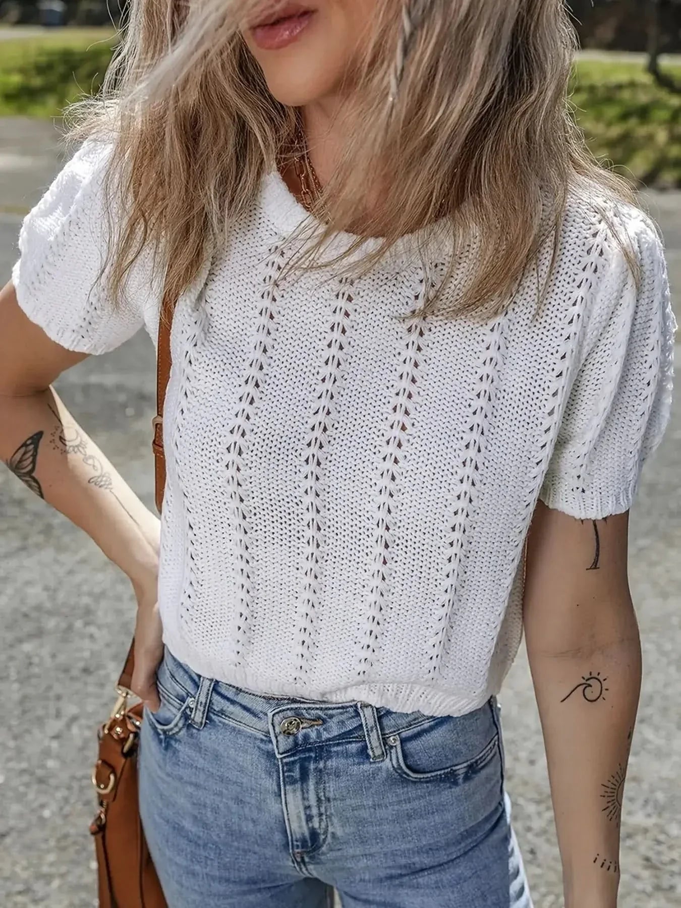 Openwork Round Neck Short Sleeve Sweater White