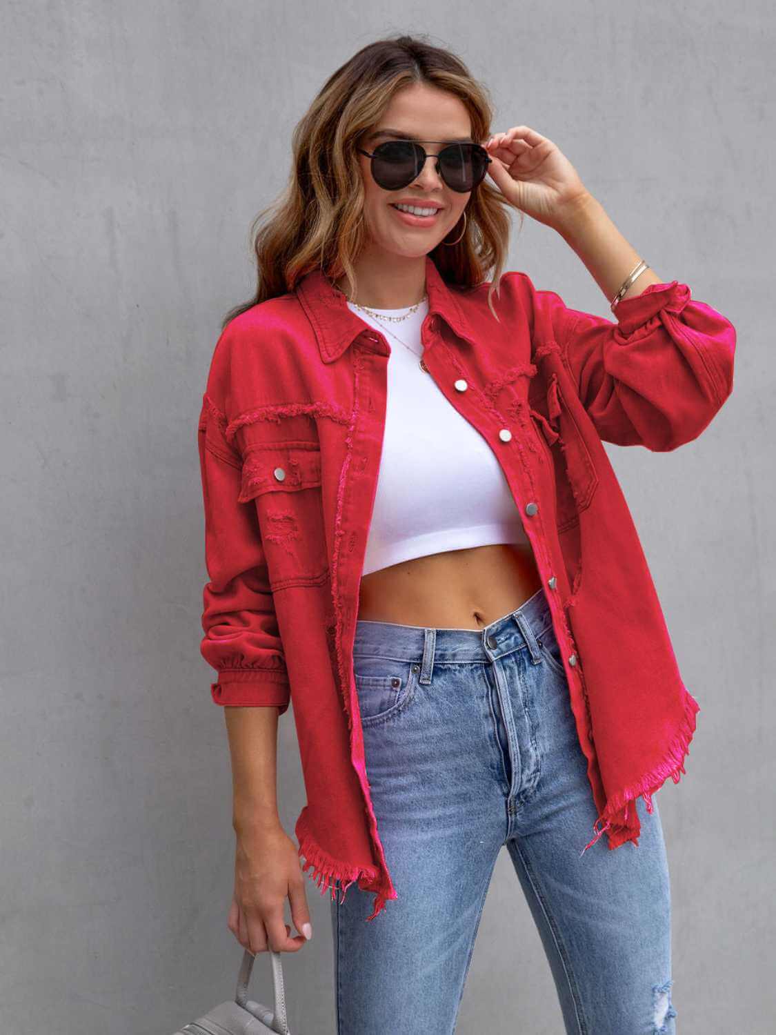 Distressed Drop Shoulder Fringe Denim Jacket Cotton Blend Deep Red