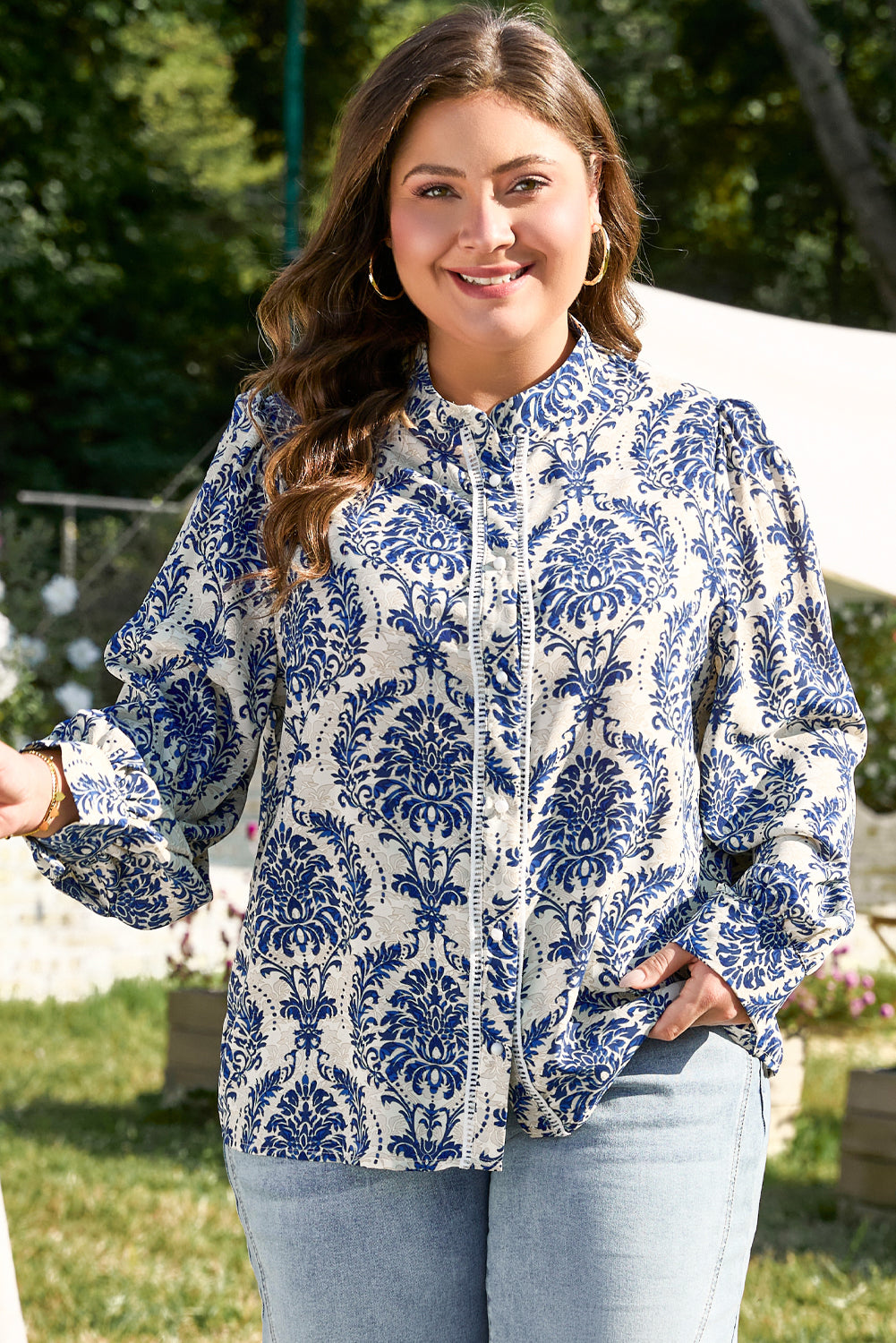 Alora Pattern Print Notch PLUS Shirt Sky Blue