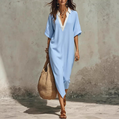 Women's V-Neck Loose Cropped-Sleeve Linen Midi Dress with Pockets Sky Blue