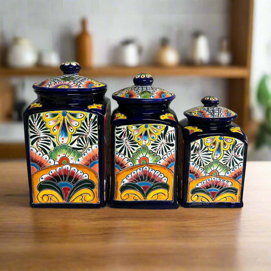 Cobalt Blue Talavera Canister Trio | Mexican Hand-Painted Storage