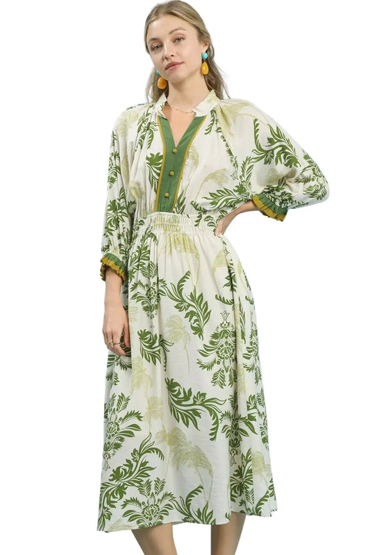 Umgee Tropical Print Button Detail Midi Dress GREEN
