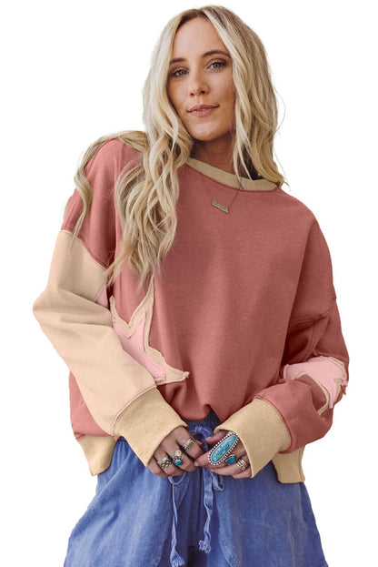 Rose Pink Star Patchwork Sweatshirt With Uneven Hem Design