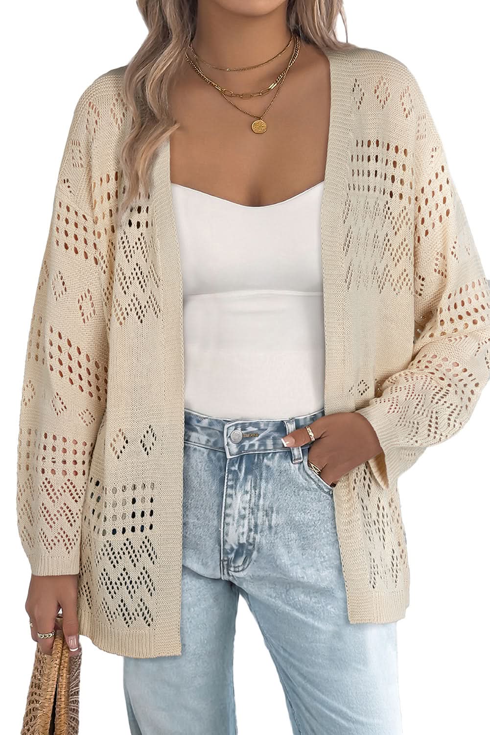 Smoke Gray Hollow Knit Cardigan With Eyelet Cutouts Smoke Gray 100%Acrylic