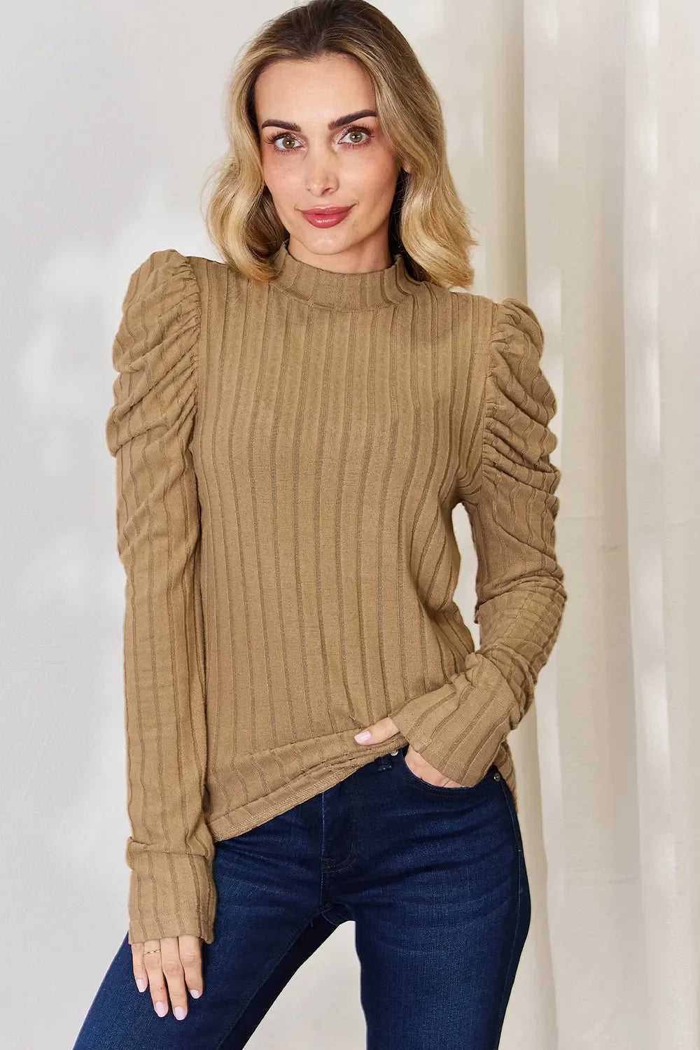 Basic Bae Full Size Ribbed Mock Neck Puff Sleeve T-Shirt Khaki