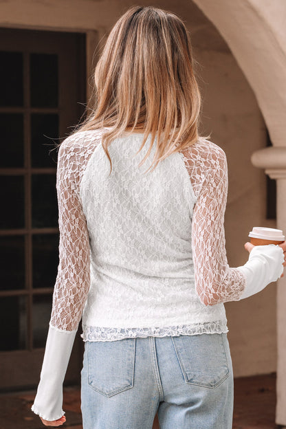 Black Sheer Lace Long Sleeve Slim Henley Top