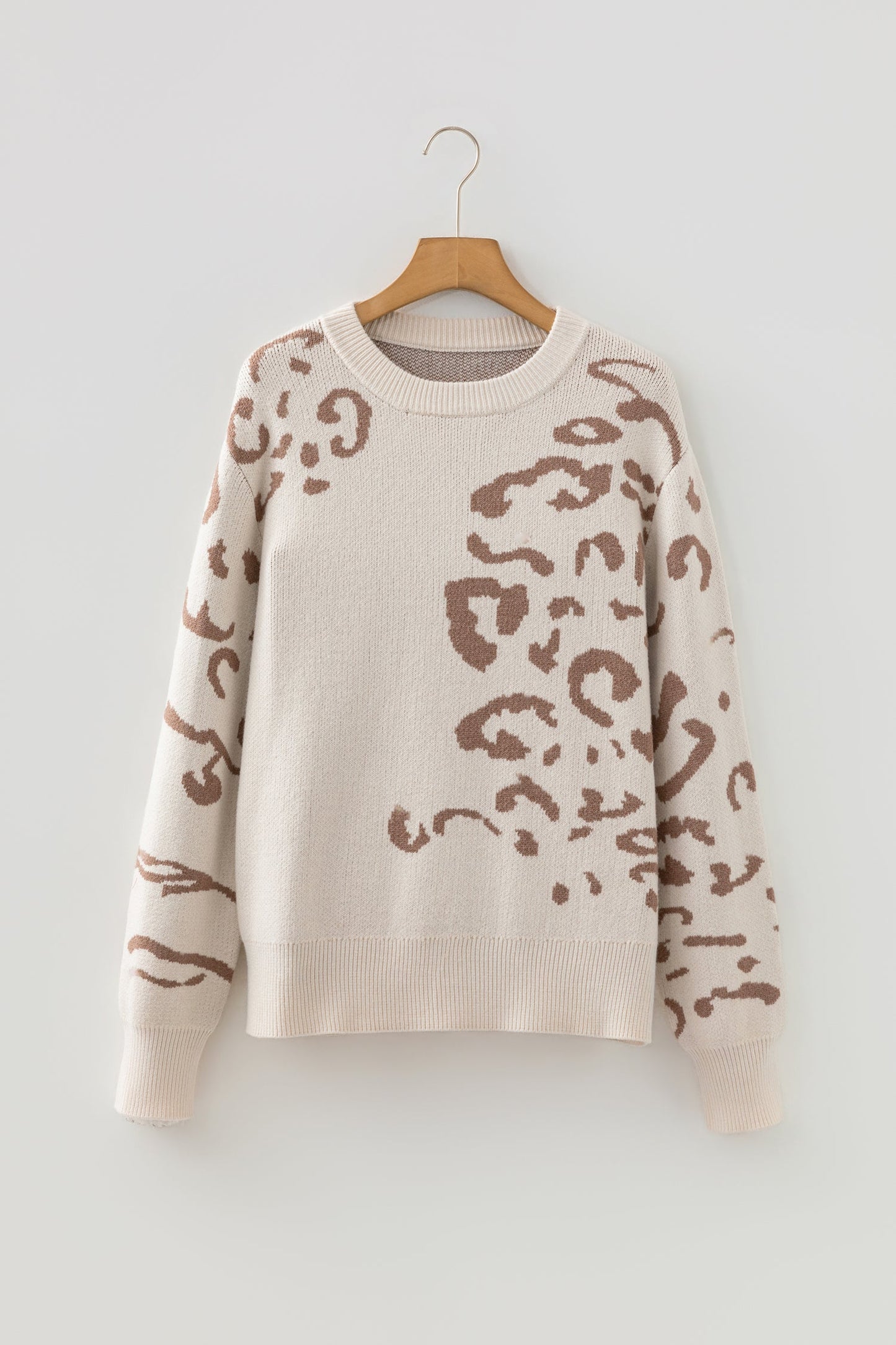 Leopard Asymmetric Drop Shoulder Sweater Beige