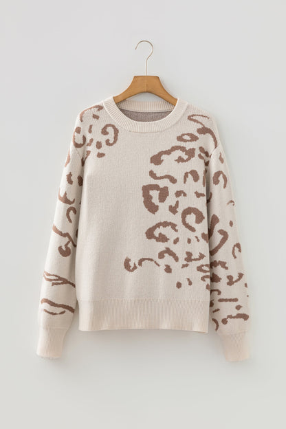 Leopard Asymmetric Drop Shoulder Sweater Beige