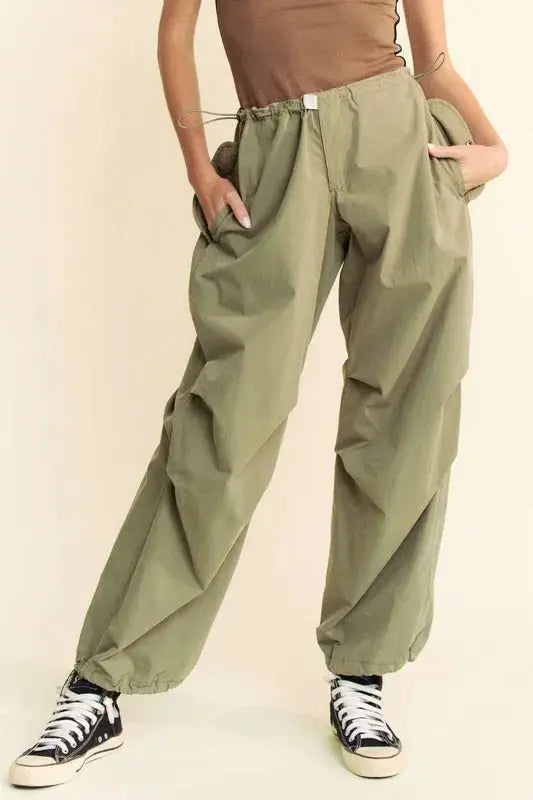 Trendsi Davi & Dani Baggy Pants Women's Casual Drawstring Trousers with Pockets Olive Green