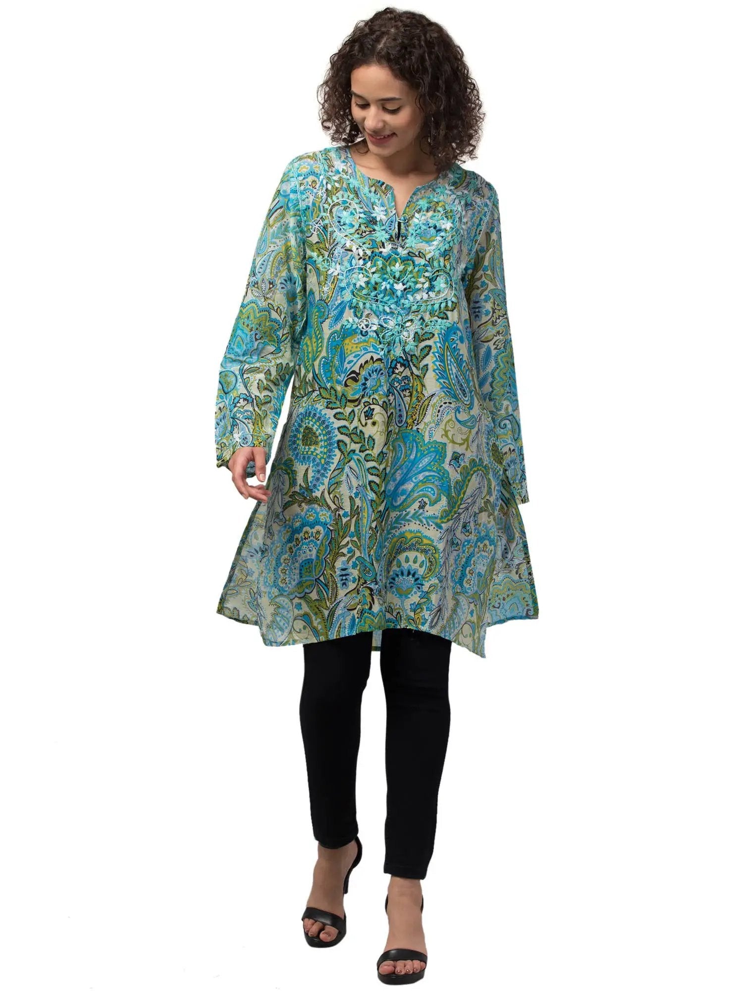 Mia Magic Blue Tunic Top - Hand Embroidered Chikankari On Eco Friendly Cotton With Digital Print
