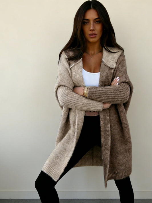 Women’s Color Block Hooded Knitted Cardigan – Plus Size Mid-Length Sweater Coat