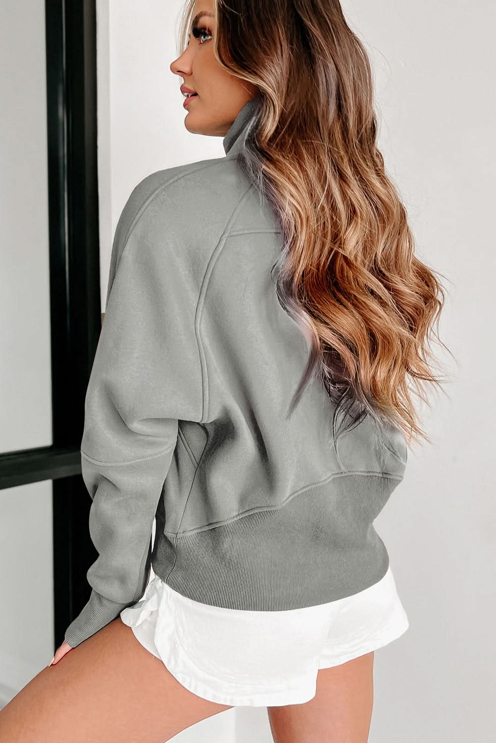 Green Zip Stand Collar Ribbed Thumbhole Sleeve Sweatshirt
