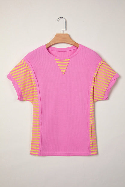 Stripe Patchwork Waffle Knit Loose T-Shirt Bright Pink