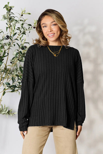 Basic Bae Full Size Ribbed Round Neck Slit Knit Top Black