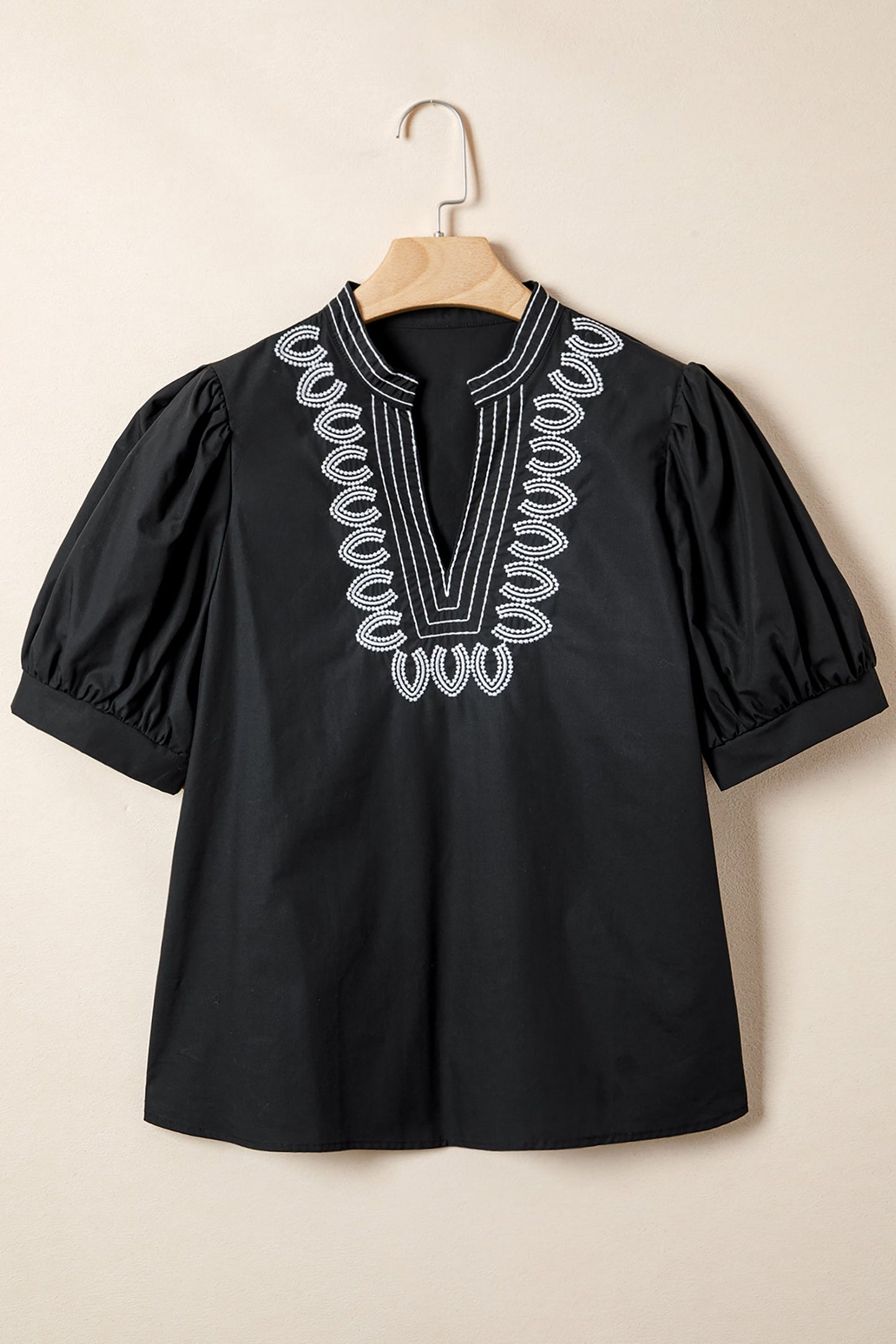 Embroidered V-Neck Short Puff Sleeve Blouse Black