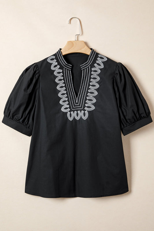 Embroidered V-Neck Short Puff Sleeve Blouse Black