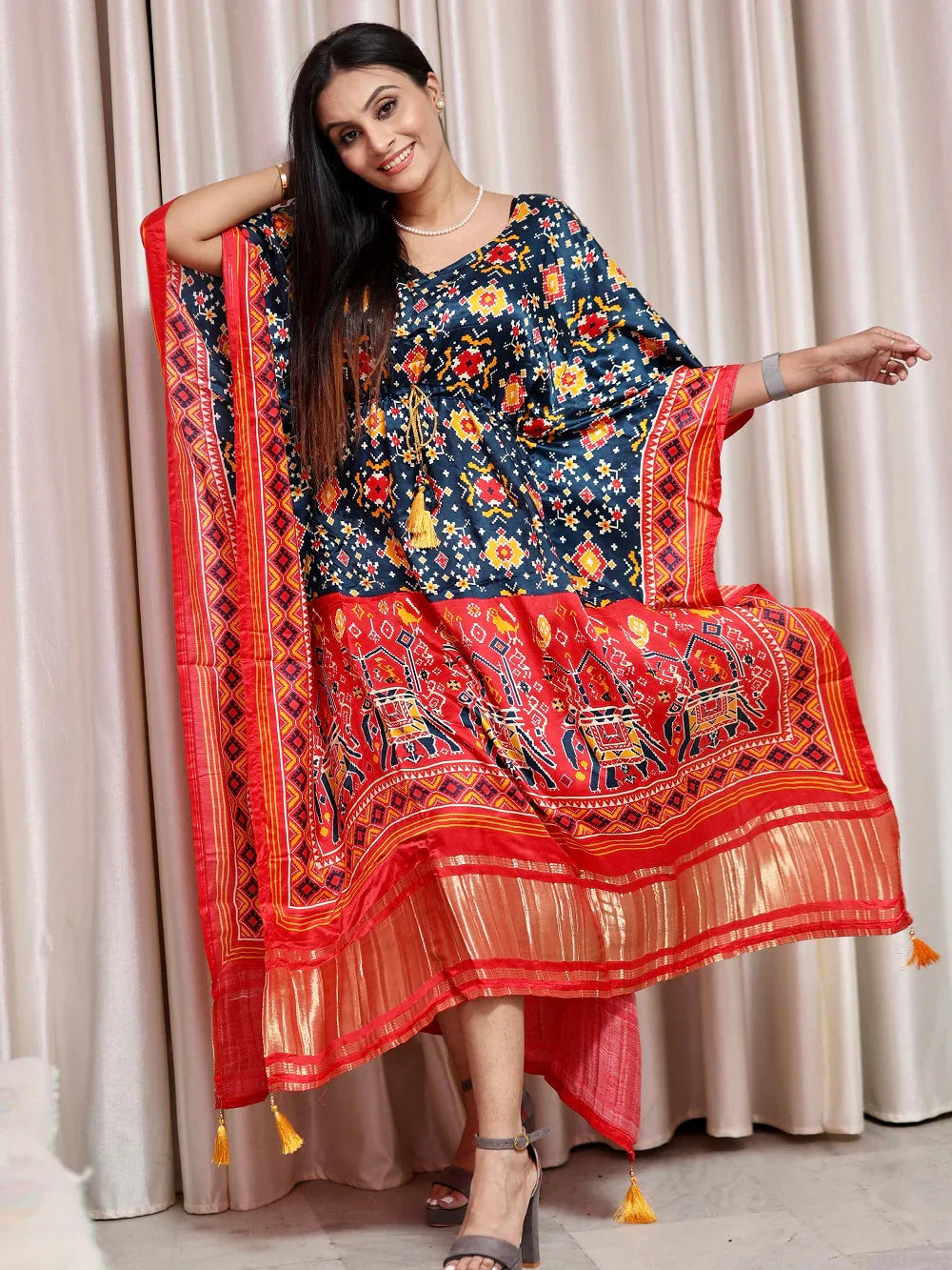 Blue and Orange Red Pure Gaji Silk Bandhej Print Kaftan with Marodi Work-Inspired Elephants & Zari Accents