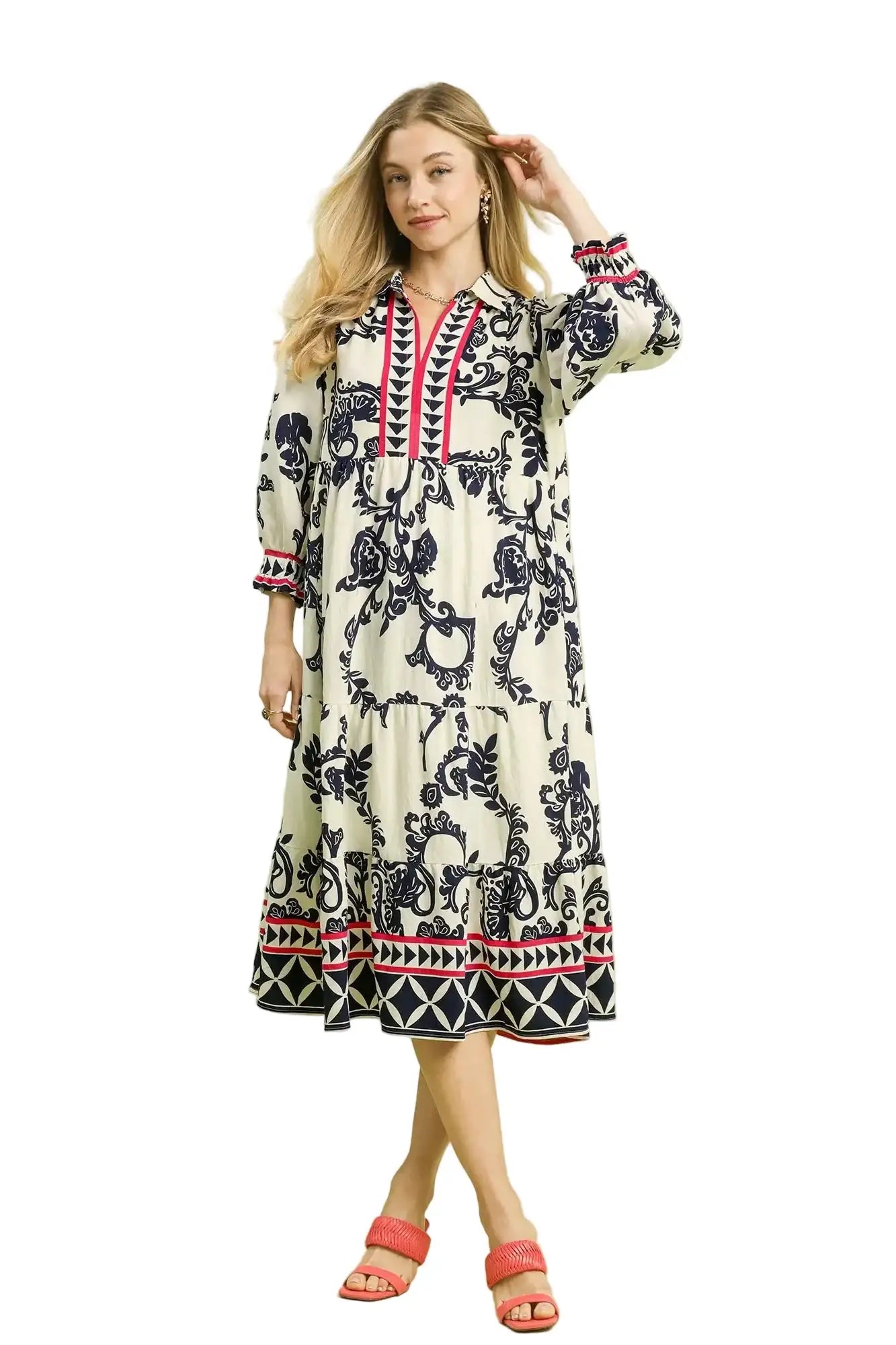 Umgee Boho Print Tiered Midi Dress
