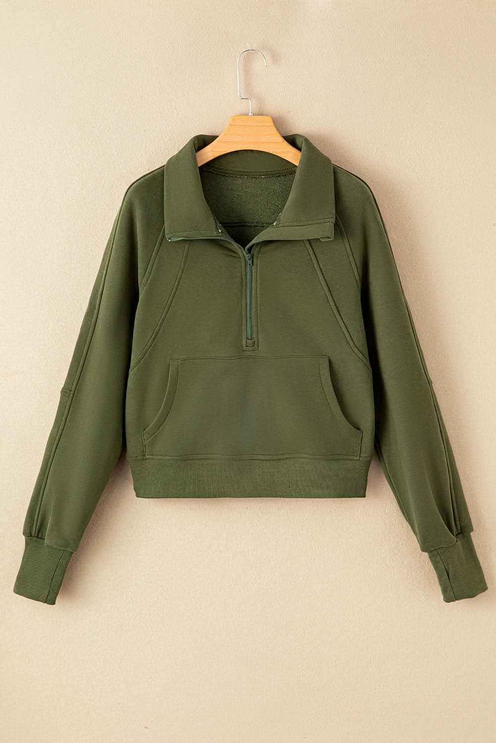 Green Zip Stand Collar Ribbed Thumbhole Sleeve Sweatshirt