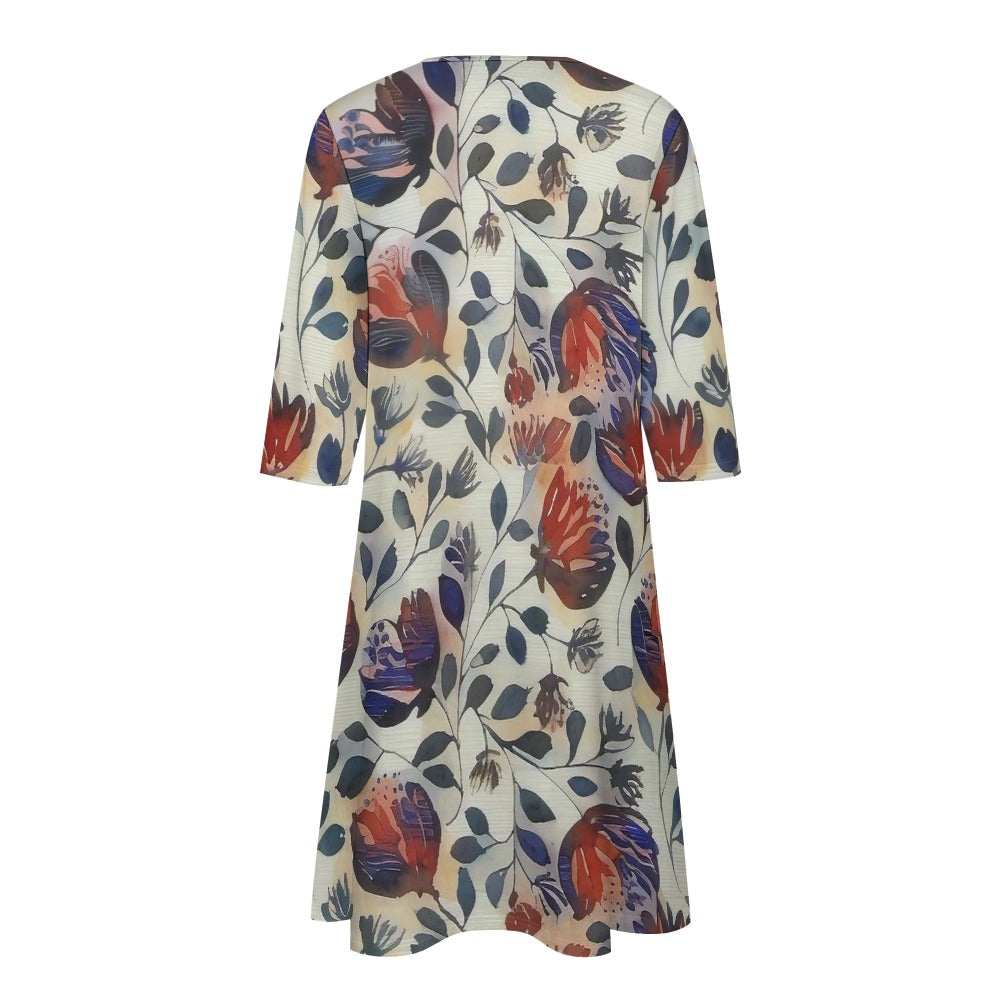 Floral Grace 7-Point Sleeve Midi Dress