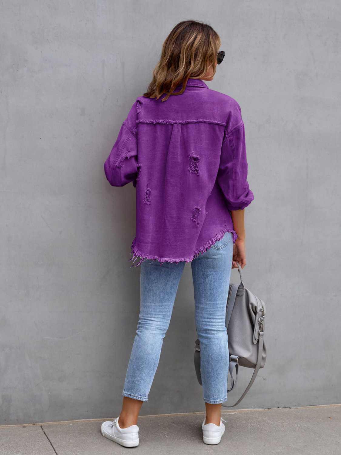 Distressed Drop Shoulder Fringe Denim Jacket Cotton Blend