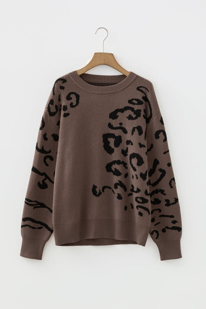 Leopard Asymmetric Drop Shoulder Sweater Camel