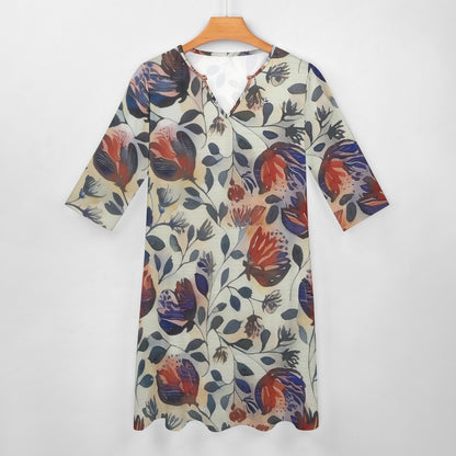 Floral Grace 7-Point Sleeve Midi Dress