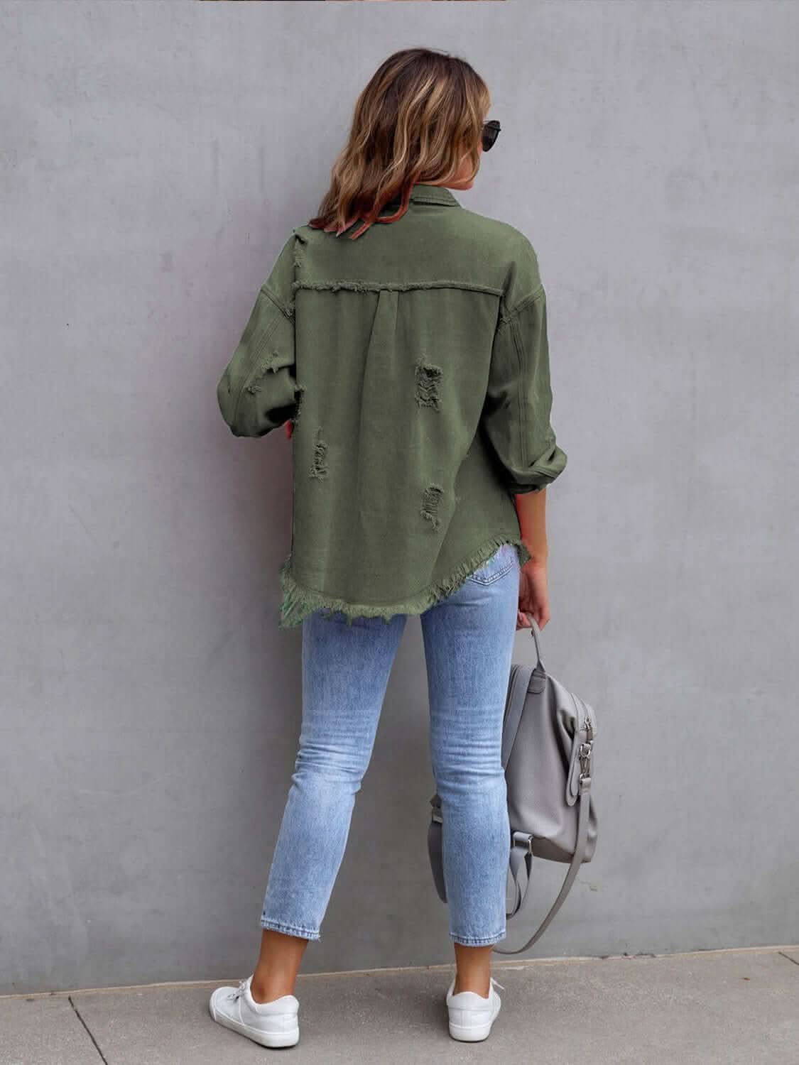 Distressed Drop Shoulder Fringe Denim Jacket Cotton Blend