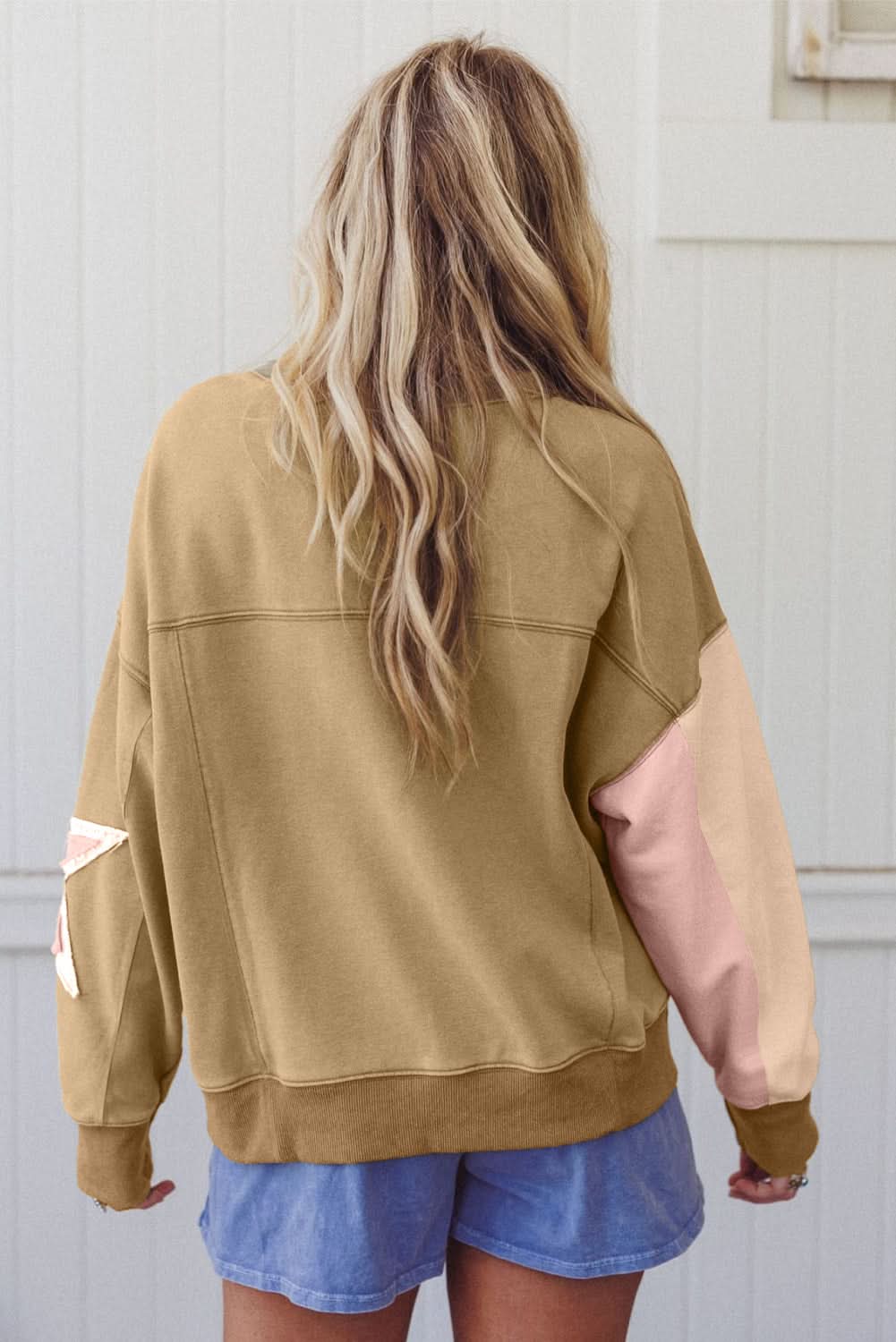 Rose Pink Star Patchwork Sweatshirt With Uneven Hem Design