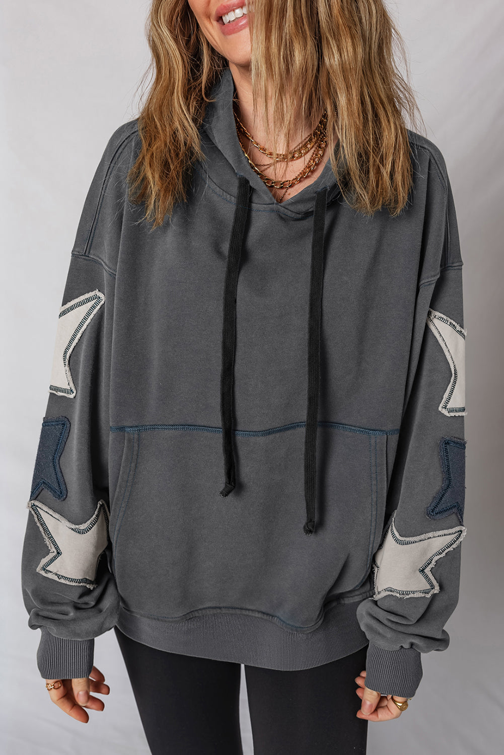 Star Patchwork Mineral Wash Kangaroo Pocket Hoodie Carbon Grey