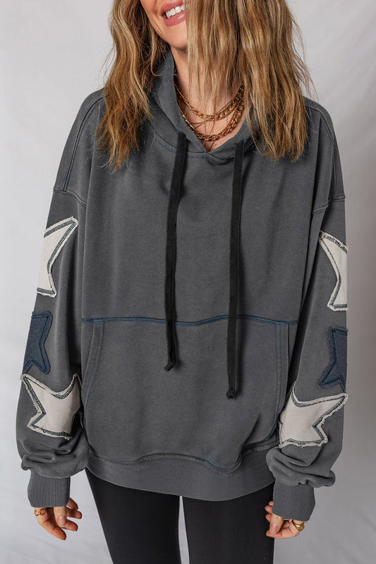 Star Patchwork Mineral Wash Kangaroo Pocket Hoodie Carbon Grey