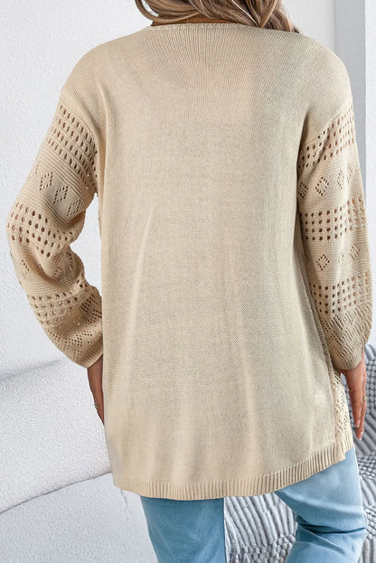 Smoke Gray Hollow Knit Cardigan With Eyelet Cutouts