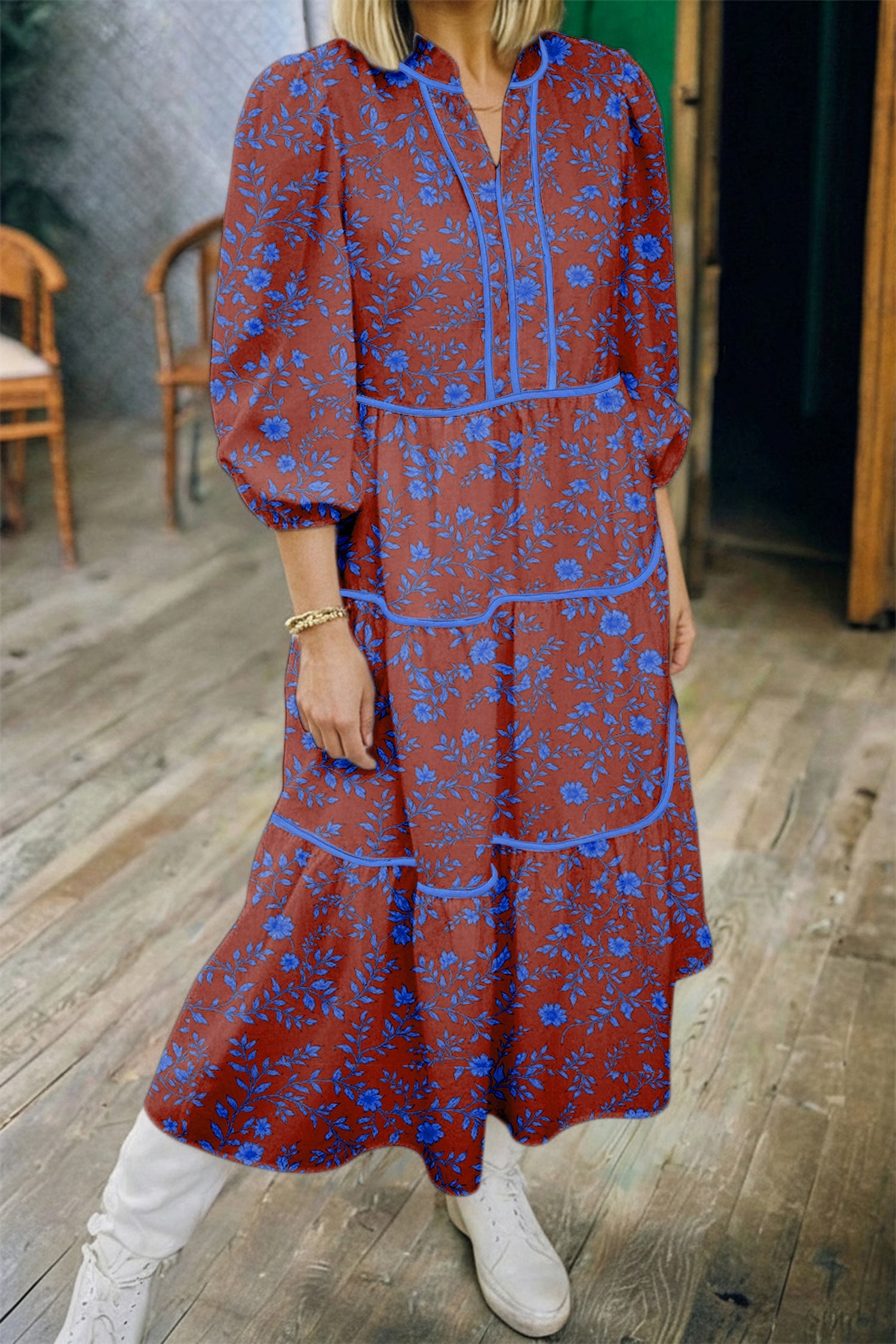 Floral Tiered 3/4 Puff Sleeve Midi Dress Brown