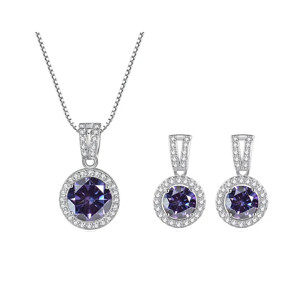 2Ct Moissanite Necklace Earrings Set Sterling Silver 925 Wedding Jewelry 2ct total violet
