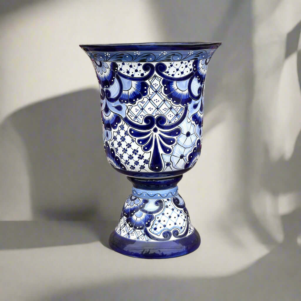 XL Talavera Planter | Hand-Painted Blue Pedestal Flower Pot