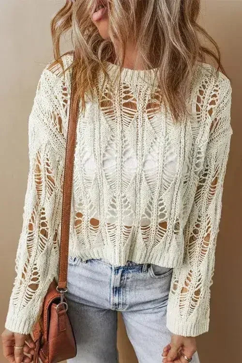 White Crochet Crew Neck Sweater - Loose Fit & High Elasticity | Femstylo White 75%Cotton+25%Polyester