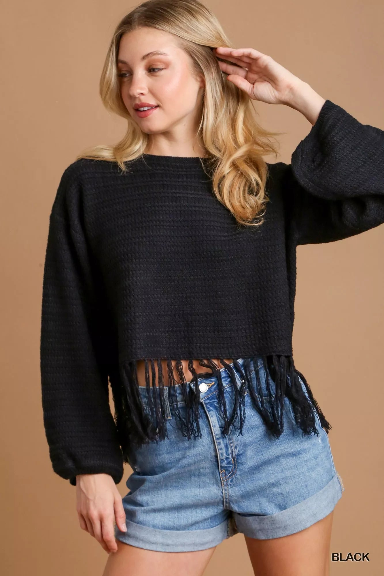 Umgee Crochet Knit Crop Top with Frey Hem Black