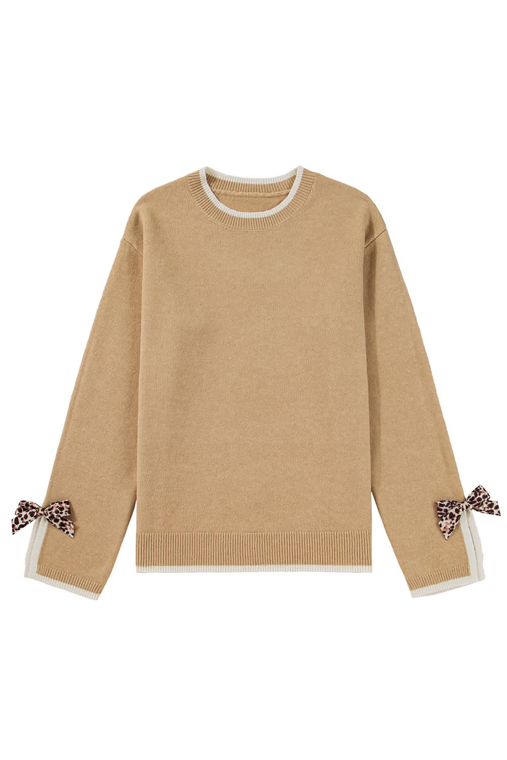 Racing Red Leopard Bow Decor Split Cuffs Contrast Trim Sweater Tan 75%Polyester+20%Acrylic+5%Polyamide
