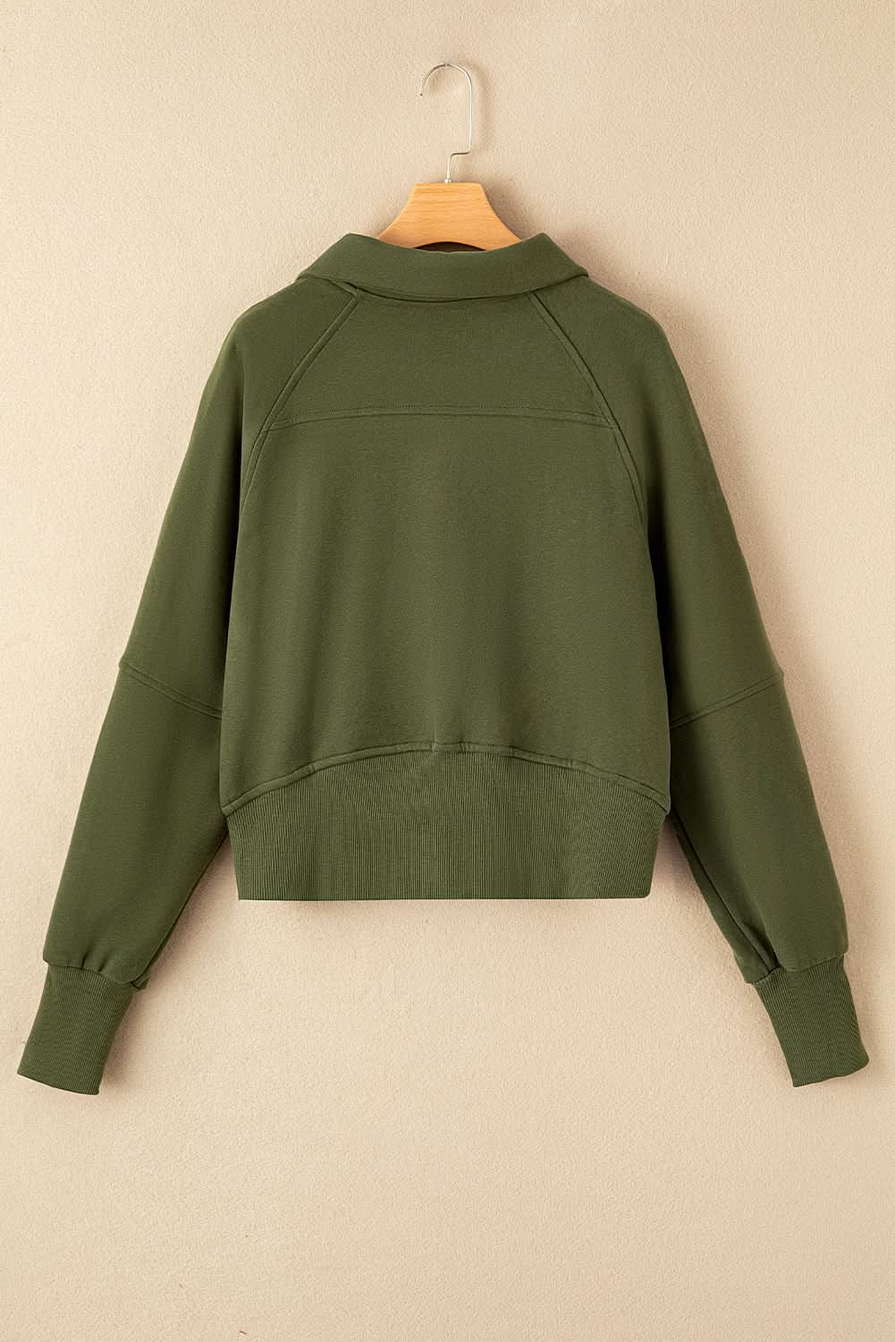 Green Zip Stand Collar Ribbed Thumbhole Sleeve Sweatshirt