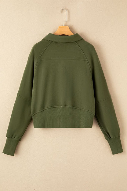 Green Zip Stand Collar Ribbed Thumbhole Sleeve Sweatshirt