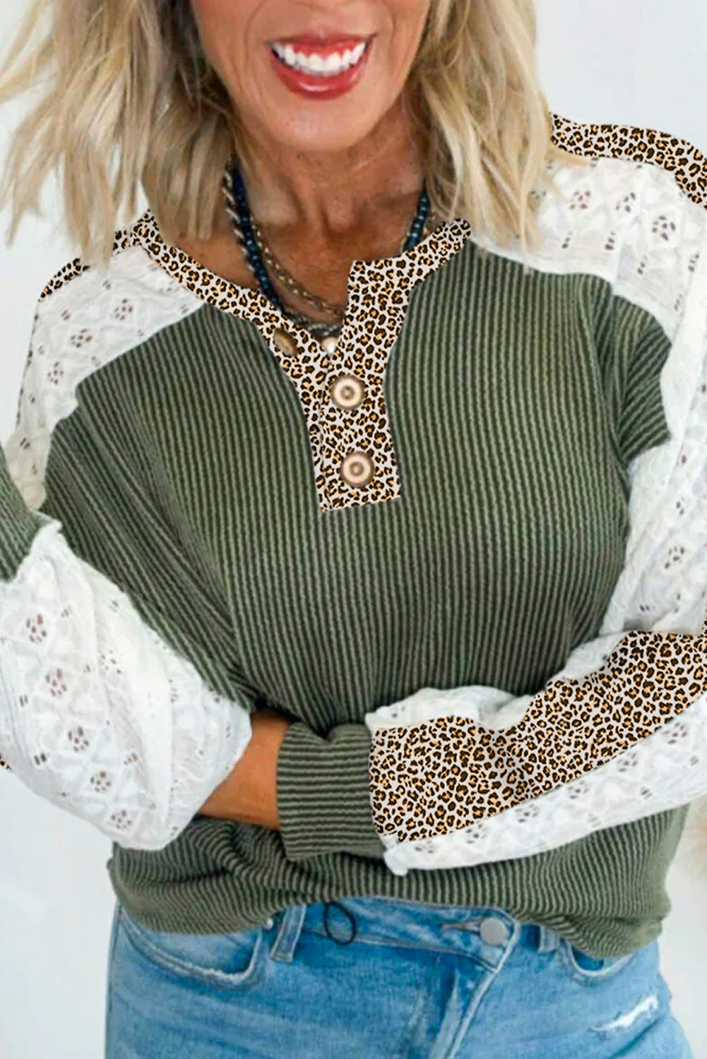 Vineyard Green Texture Patchwork Lace Sleeve Leopard Henley Top Vineyard Green