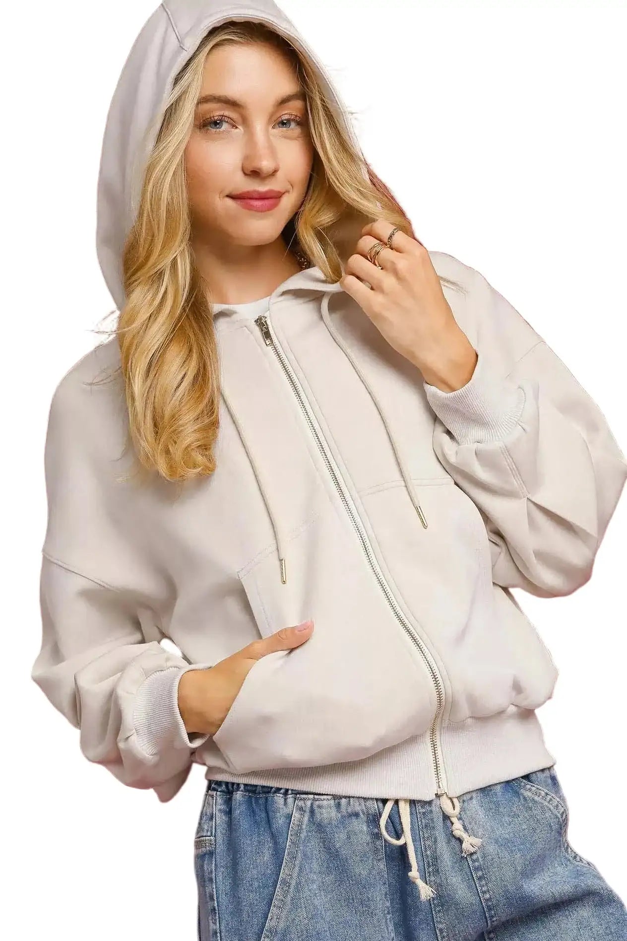 Umgee Zip-Up Fleece Hooded Jacket ECRU